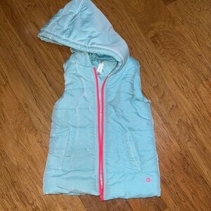 90 degree puffer vest, light blue with neon pink detail, kids size 7/8